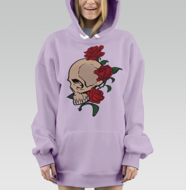 Красные розы и череп в зелёных листьях, Hoodie Mjhigh Dig Mel, Fiolet, утепленная