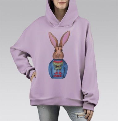 Кролик в праздничном свитере с эльфом #ELFIE, Hoodie Mono Fiolet, оверсайз, утепленная