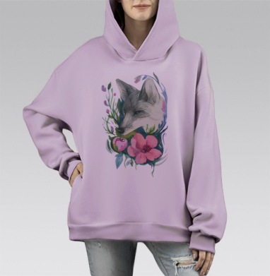 Лис в цветах, Hoodie Mono Fiolet, оверсайз, утепленная