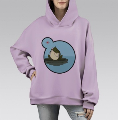 Мультяшная лягушка в опасной ироничной сцене, Hoodie Mono Fiolet, оверсайз, утепленная