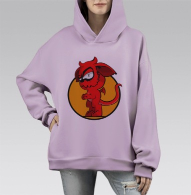 Маленький красный демонический персонаж в мультяшном стиле, Hoodie Mono Fiolet, оверсайз, утепленная