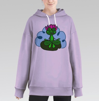 Медитирующая зелёная лягушка на листе кувшинки, Hoodie Long Oversize Fiolet