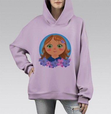Милая девочка с зелёными глазами и цветами весенний свет надежды, Hoodie Mono Fiolet, оверсайз, утепленная