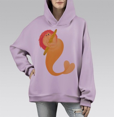 Милая русалка с французским багетом на нежном фоне, Hoodie Mono Fiolet, оверсайз, утепленная