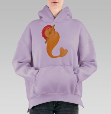 Милая русалка с французским багетом на нежном фоне, Hoodie Oversize Fiolet, утепленная
