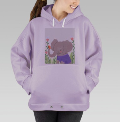 Милый серый слоненок с бабочкой и цветами вокруг, Hoodie Oversize Fiolet