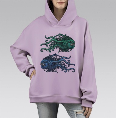 Мистические существа глубоко под водой, Hoodie Mono Fiolet, оверсайз, утепленная