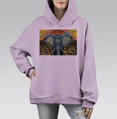 Мистический слон с этническим узором, Hoodie Mono Fiolet, оверсайз, утепленная