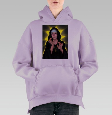 Молодая монахиня с крестом и свечением за спиной, Hoodie Oversize Fiolet, утепленная