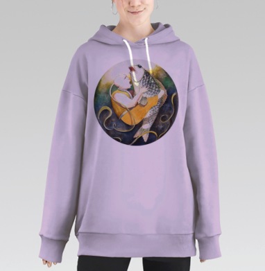 Мужчина держит рыбу в ярком эмоциональном сюжете, Hoodie Long Oversize Fiolet
