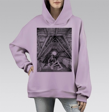 Мужчина с крыльями и женщина в растяжке на чердаке, Hoodie Mono Fiolet, оверсайз, утепленная