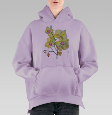 Нежная ветка орхидеи с лимонно-жёлтыми цветами и подписью автора, Hoodie Oversize Fiolet, утепленная