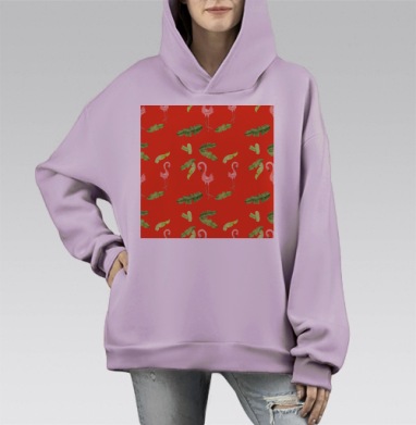 Нежные розовые фламинго и яркие зелёные листья тропиков, Hoodie Mono Fiolet, оверсайз, утепленная