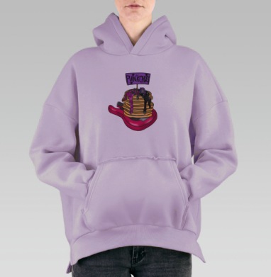 Неоновая гитара с панкейками и панковской надписью на сиреневом фоне, Hoodie Oversize Fiolet, утепленная