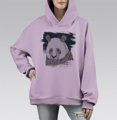 Монохромный портрет задумчивой панды на фоне космоса, Hoodie Mono Fiolet, оверсайз, утепленная