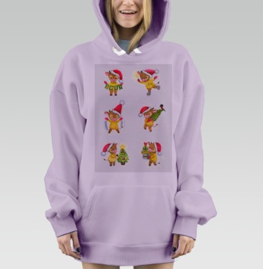 Новогодние мультяшные бычки украшают елку несут подарки, Hoodie Mjhigh Dig Mel, Fiolet, утепленная