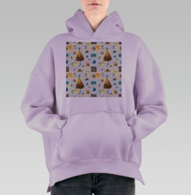 Новогодняя елка коричневая голубая упаковка подарков, Hoodie Oversize Fiolet, утепленная