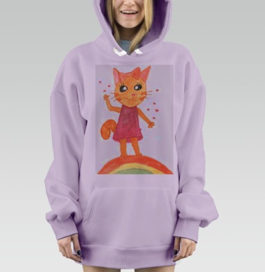 Оранжевая кошка с бантом на радуге машет рукой, Hoodie Mjhigh Dig Mel, Fiolet, утепленная