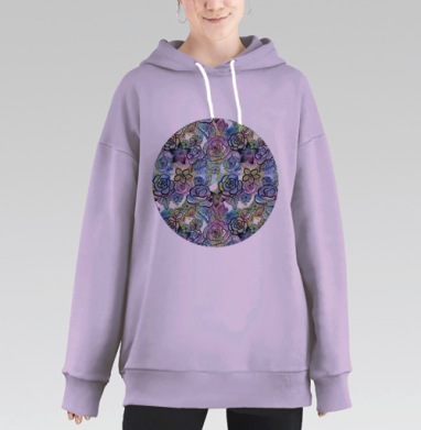 Паттерн с цветами, разноцветным фоном и черными контурами, Hoodie Long Oversize Fiolet