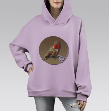 Птичка на ветре с цветком, Hoodie Mono Fiolet, оверсайз, утепленная