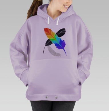 Радужное перо среди чёрных серебристых перьев, Hoodie Oversize Fiolet