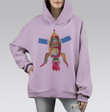 Ракета коллаж, Hoodie Mono Fiolet, оверсайз, утепленная