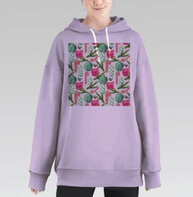 Рождественские кексы свечи и еловые ветви на белом фоне, Hoodie Long Oversize Fiolet