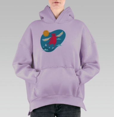 Розовый кот с белыми крыльями и надписью Мечты сбываются, Hoodie Oversize Fiolet, утепленная