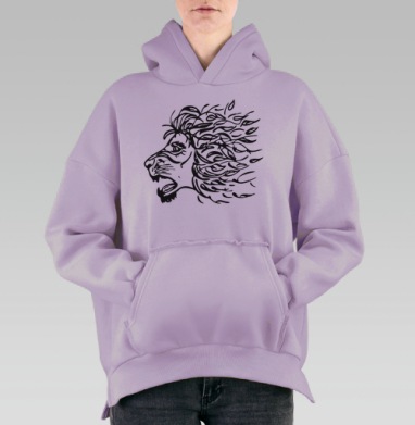 Рычащий лев с гривой из листьев и природным духом на кислотном фоне, Hoodie Oversize Fiolet, утепленная