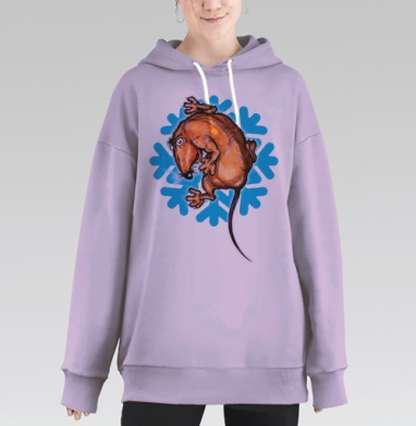 Рыжая крыса в испуге на фоне снежинки зимняя сцена весело, Hoodie Long Oversize Fiolet