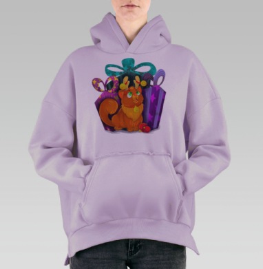 Рыжий кот с подарками создает праздничное настроение сцены, Hoodie Oversize Fiolet, утепленная