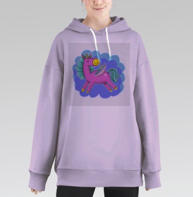 Счастливый пони единорог с крыльями и улыбкой лицо, Hoodie Long Oversize Fiolet