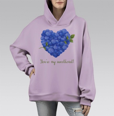 Сердце из голубых ягод черники – романтика и свежесть, Hoodie Mono Fiolet, оверсайз, утепленная