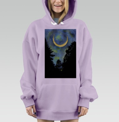 Серп луны в ночном небе с деревьями леса, Hoodie Mjhigh Dig Mel, Fiolet, утепленная