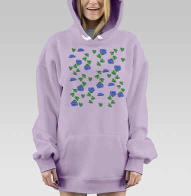 Синие цветы зеленые листья на светлом фоне для мебели, Hoodie Mjhigh Dig Mel, Fiolet, утепленная