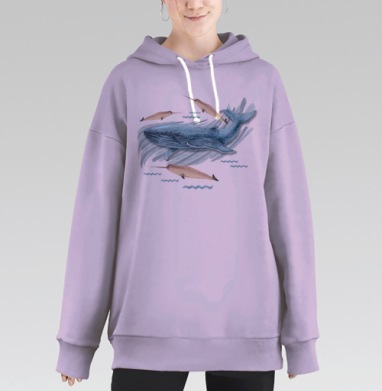 Синий кит и нарвалы плывут в морских волнах, Hoodie Long Oversize Fiolet