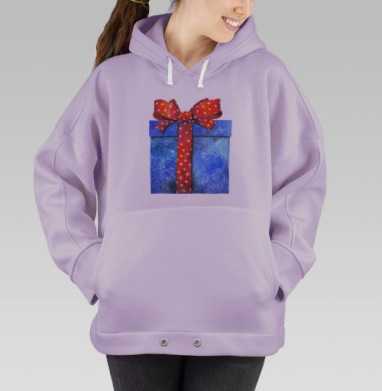 Синий подарок с красной лентой, акварель, Hoodie Oversize Fiolet