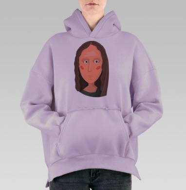 Современная интерпретация Моны Лизы в мультяшном стиле лица, Hoodie Oversize Fiolet, утепленная