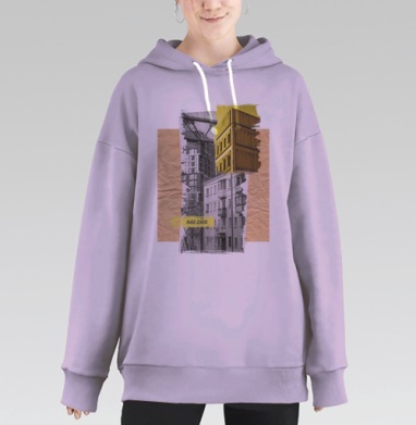 Современный коллаж с архитектурой и текстом выше домов, Hoodie Long Oversize Fiolet
