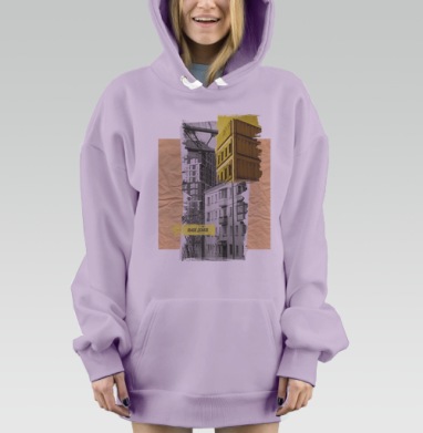 Современный коллаж с архитектурой и текстом выше домов, Hoodie Mjhigh Dig Mel, Fiolet, утепленная