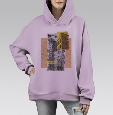 Современный коллаж с архитектурой и текстом выше домов, Hoodie Mono Fiolet, оверсайз, утепленная
