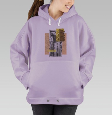 Современный коллаж с архитектурой и текстом выше домов, Hoodie Oversize Fiolet