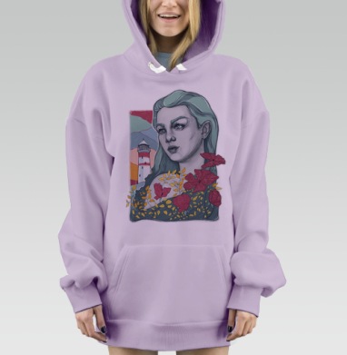 Созерцательная женщина с красными цветами на фоне маяка, Hoodie Mjhigh Dig Mel, Fiolet, утепленная