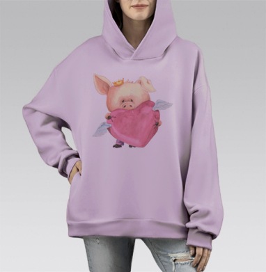 Свин с сердцем, Hoodie Mono Fiolet, оверсайз, утепленная