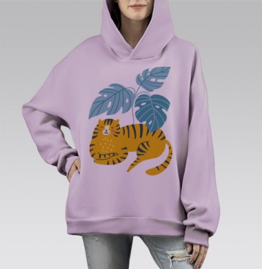 Тигра под монстерой, Hoodie Mono Fiolet, оверсайз, утепленная