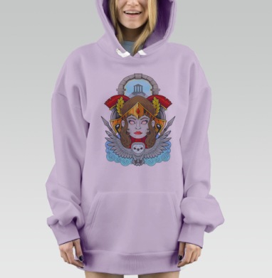 Величественная женщина с совой и римскими шлемами на фоне храма, Hoodie Mjhigh Dig Mel, Fiolet, утепленная