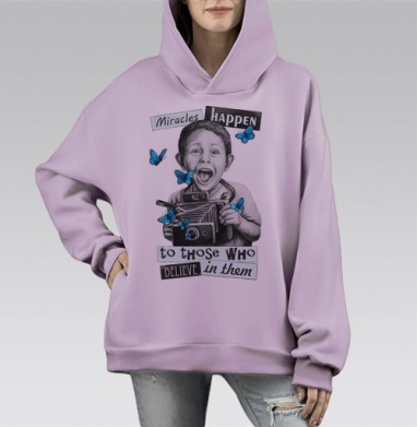 Маленькое чудо и яркие синие бабочки, Hoodie Mono Fiolet, оверсайз, утепленная