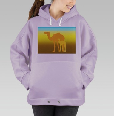 Верблюд и детеныш в пустыне теплых оттенков песка, Hoodie Oversize Fiolet