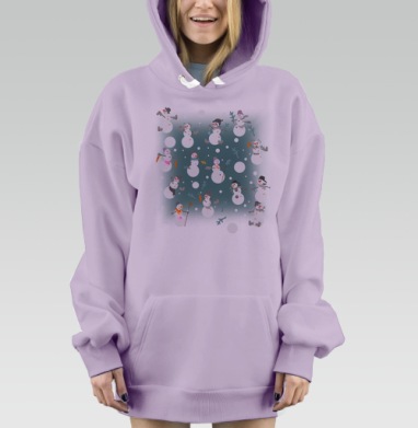 Веселые снеговики с морковками и сапогами на сером фоне, Hoodie Mjhigh Dig Mel, Fiolet, утепленная