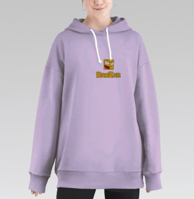 Весёлый жёлтый персонаж с дерзкой улыбкой на чёрном фоне RANZAR, Hoodie Long Oversize Fiolet